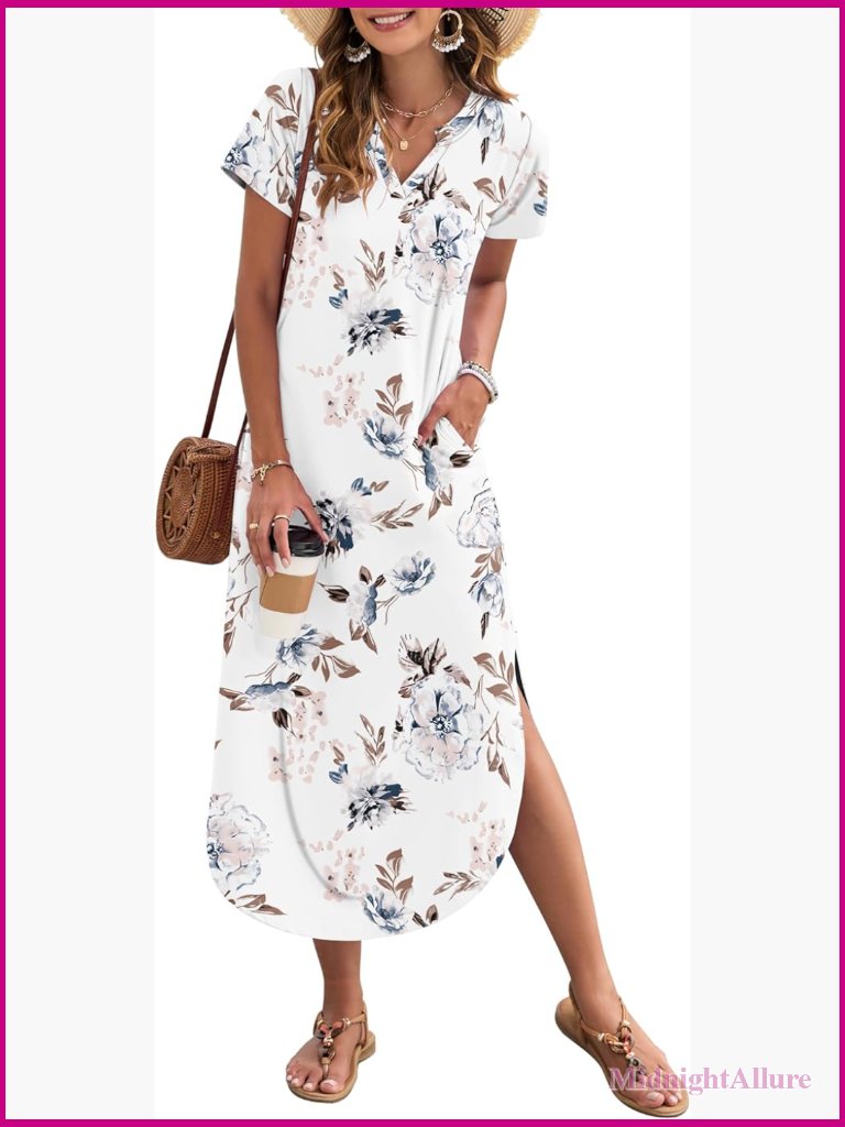 Women's Summer Maxi Dress Short Sleeves V Neck Loose Sundress Split Long Beach